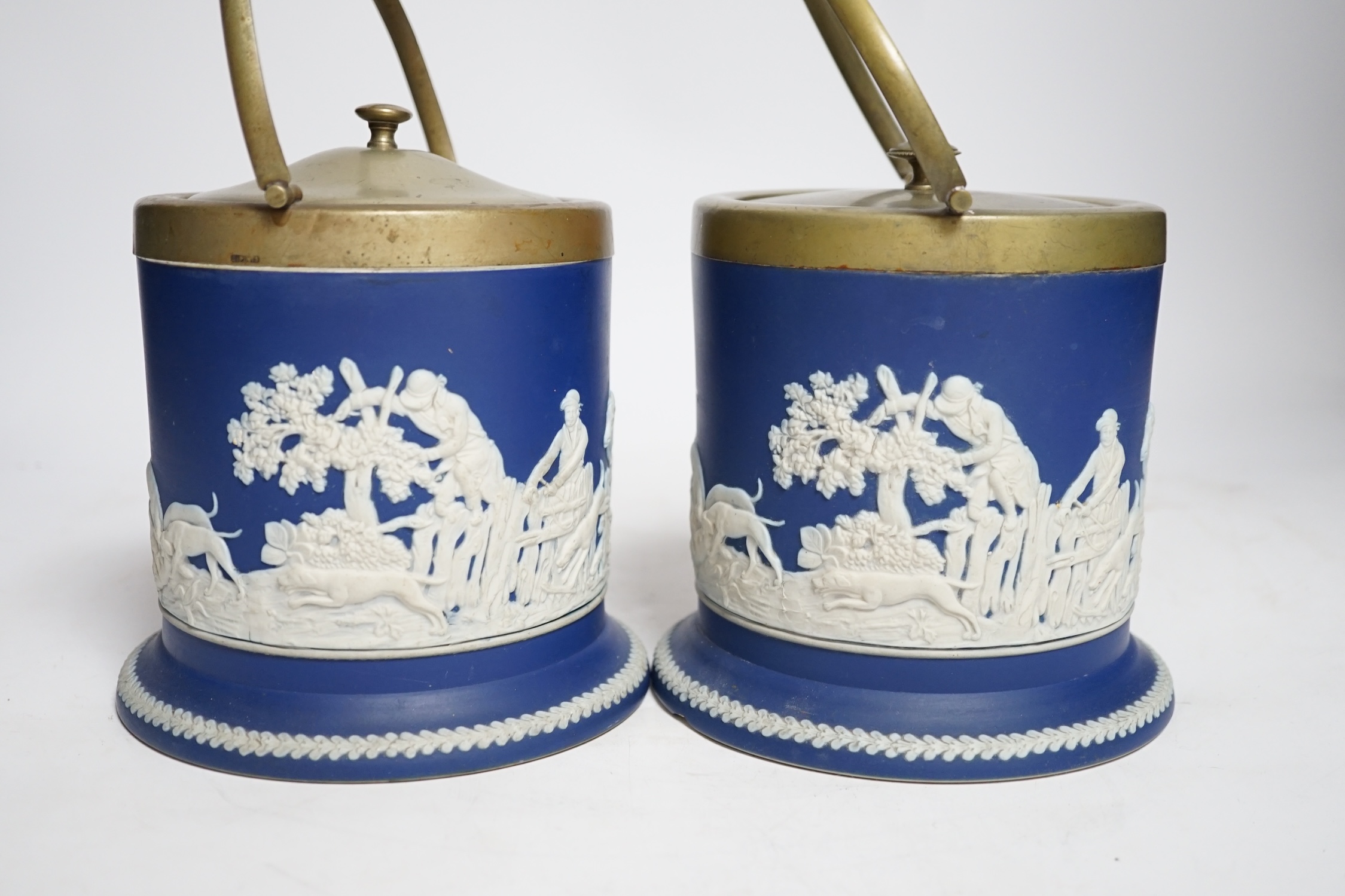 Two Adams jasperware biscuit barrels, 16.5cm